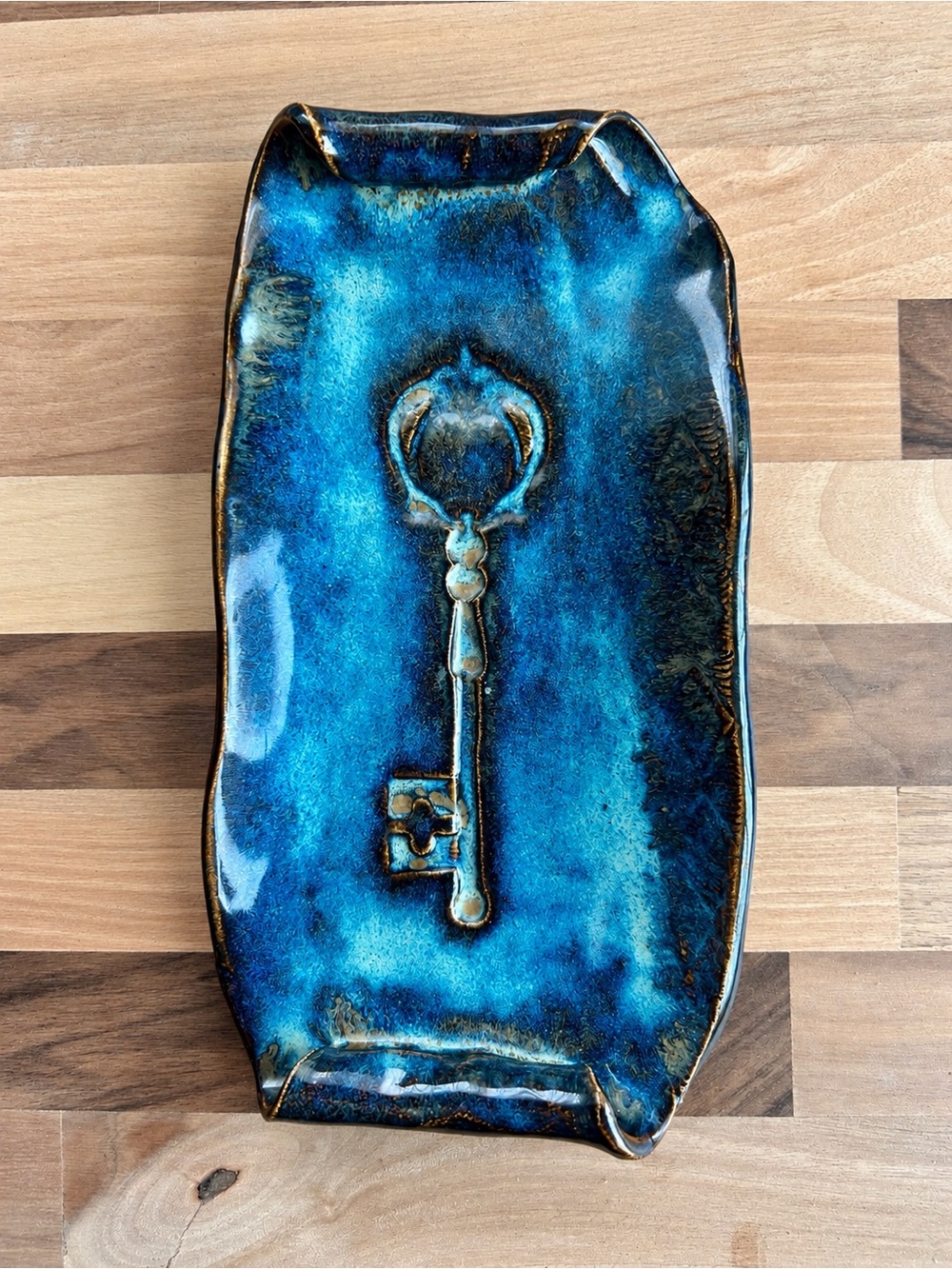 Handmade Studio Pottery Blue Reactive Glaze Skeleton Key Trinket Catchall Tray